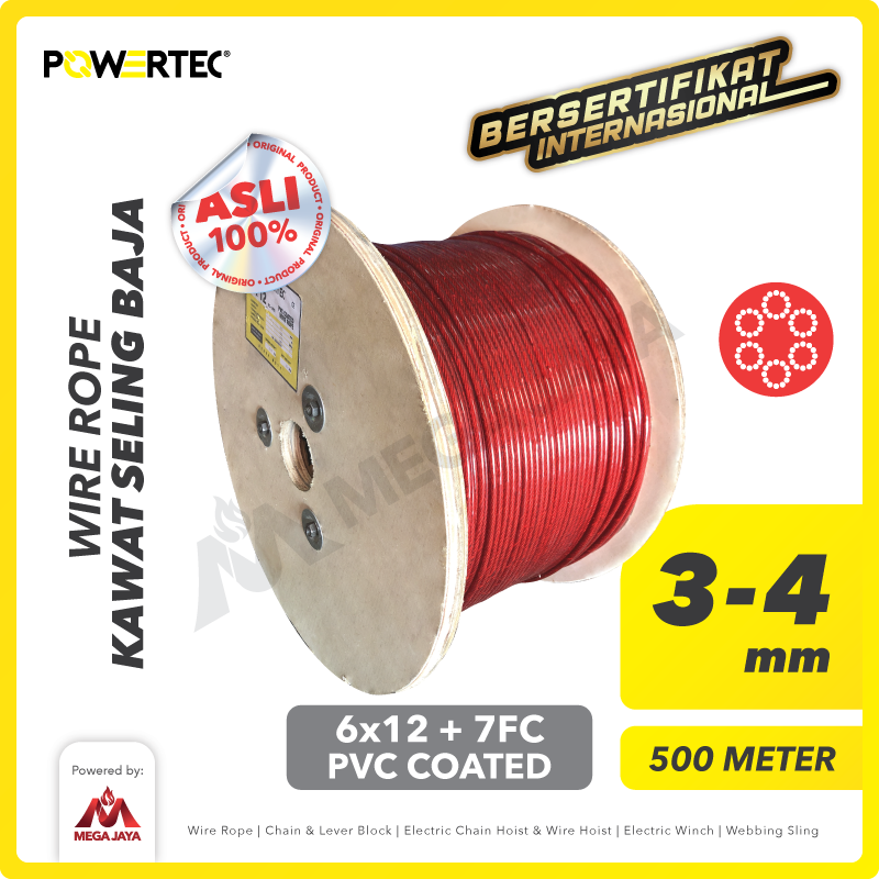 Wire Rope / Kawat Seling Baja 6x12 7FC PVC 3-4mm Merah POWERTEC - 500m