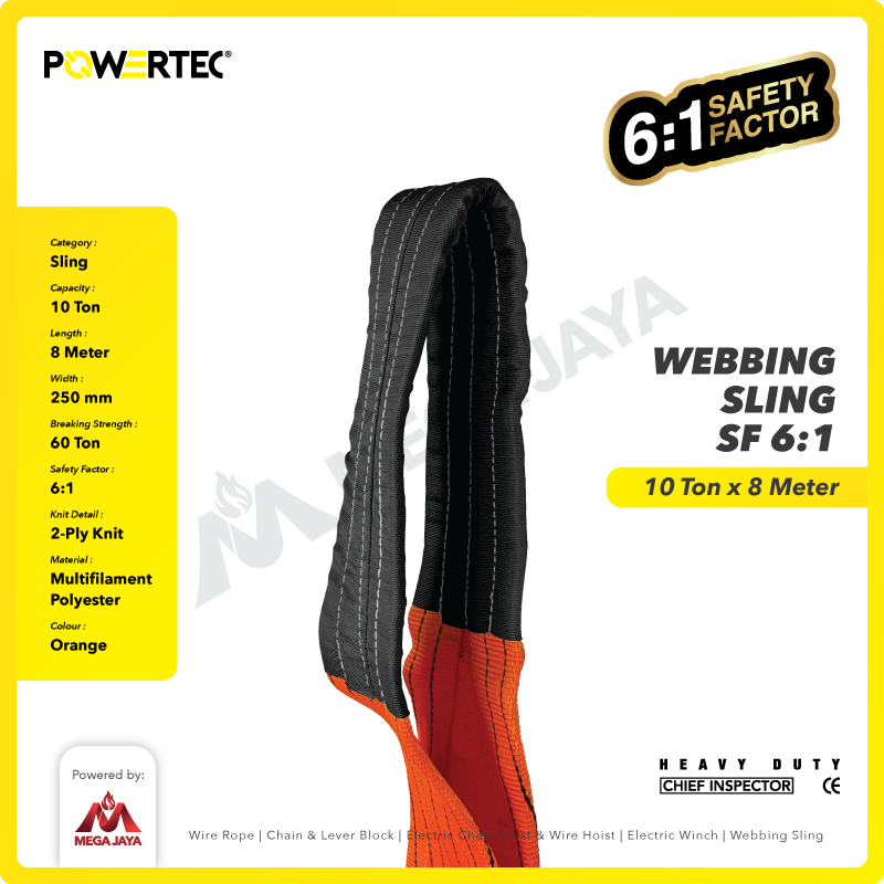 Webbing Sling Belt / Tali Angkat 10 Ton x 8 Meter POWERTEC Double Ply