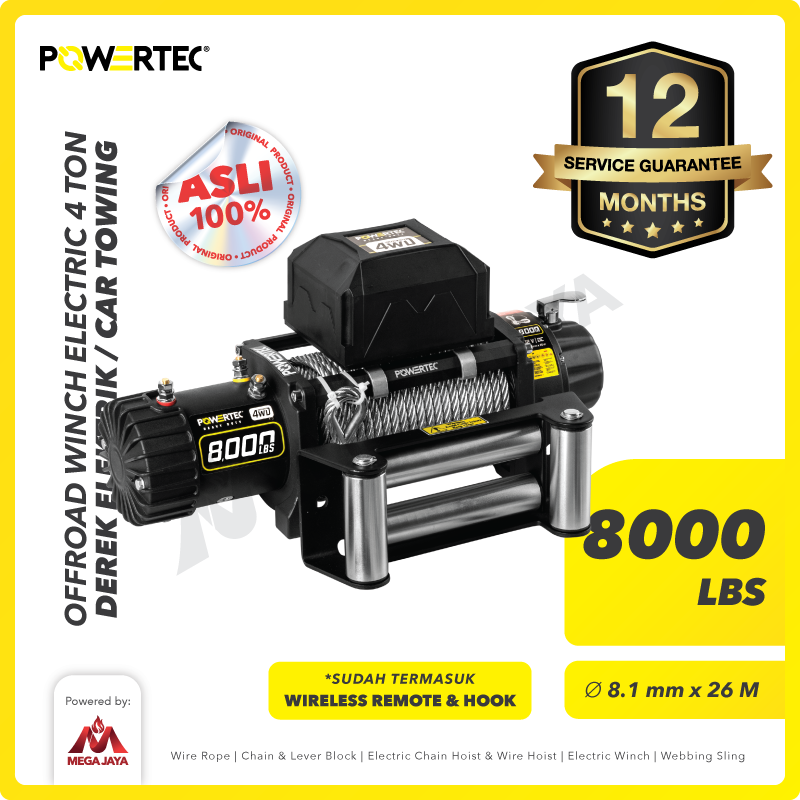 Offroad Winch Derek Elektrik 8000lbs x 26m 12V Car Towing POWERTEC