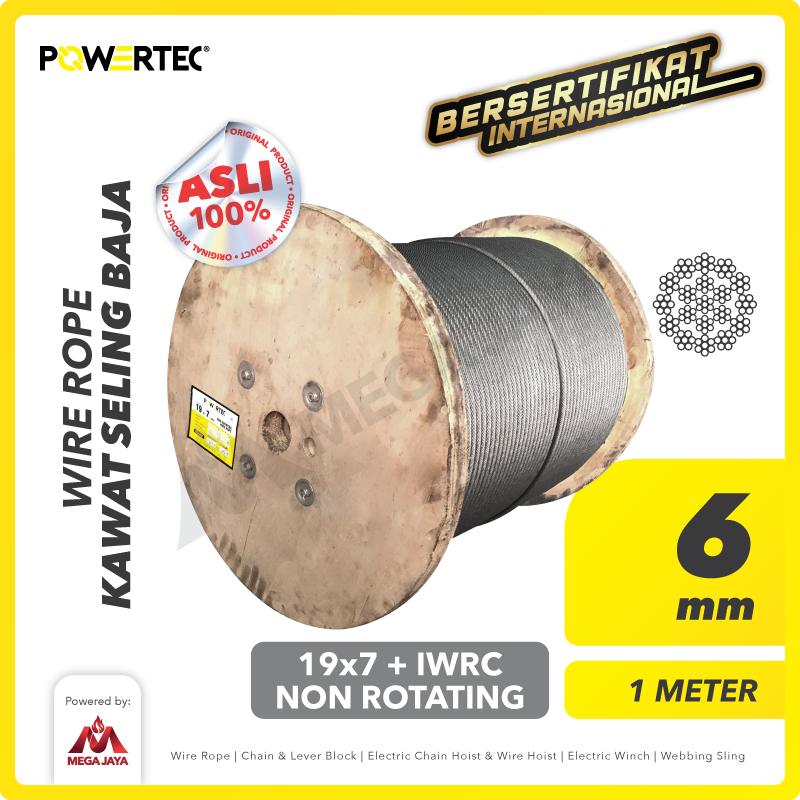 Wire Rope / Kawat Seling Baja 19x7 IWRC 6mm NR POWERTEC - 1 Meter