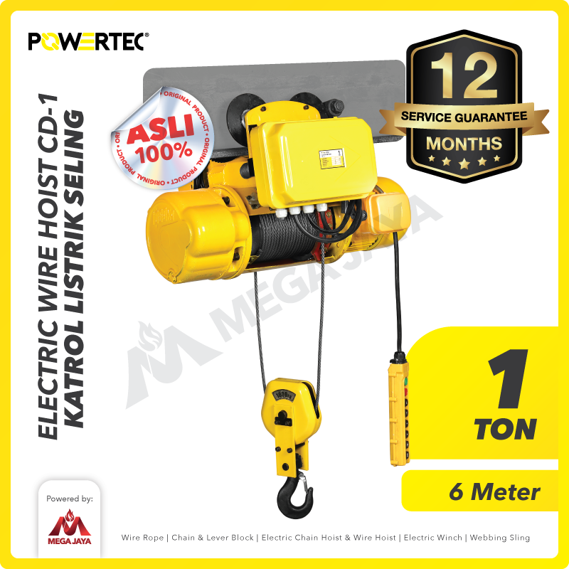 Electric Wire Rope Hoist 1 Ton  x 6 Meter 3 Phase CD-1 POWERTEC