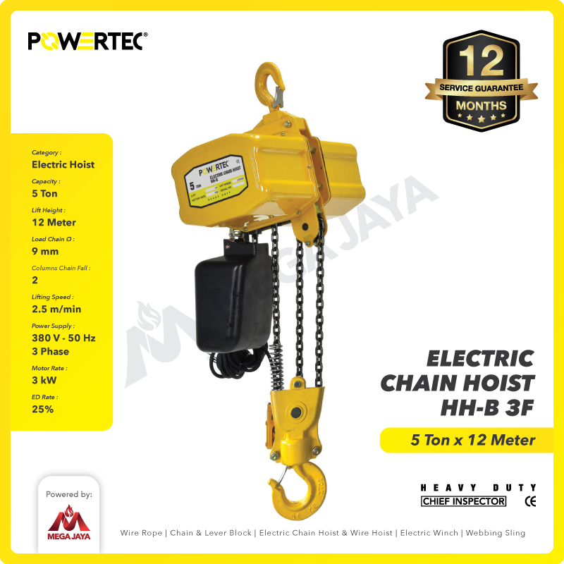 Electric Chain Hoist 5 Ton x 12 Meter HH-B 3F POWERTEC