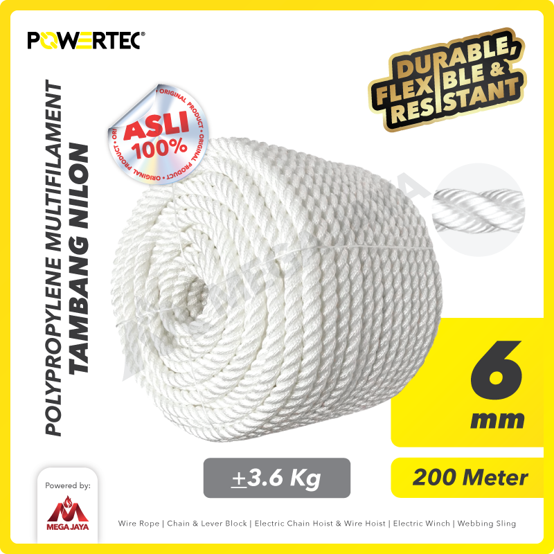 Tambang Nylon / Nilon 6mm x 200m Polypropylene PP Multi Rope POWERTEC