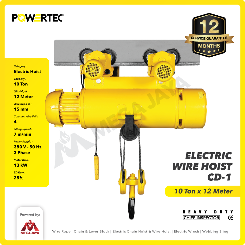 Electric Wire Rope Hoist 10 Ton  x 12 Meter 3 Phase CD-1 POWERTEC