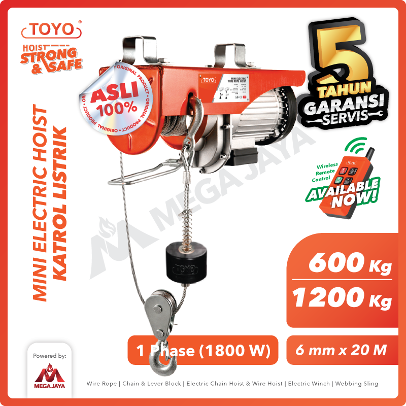 Mini Electric Hoist / Katrol Listrik 600/1200 Kg x 20 Meter TOYO