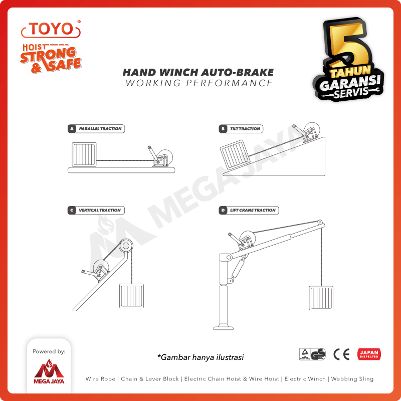 Hand Winch Auto Brake / Katrol Manual 2600 Lbs x 15 Meter TOYO
