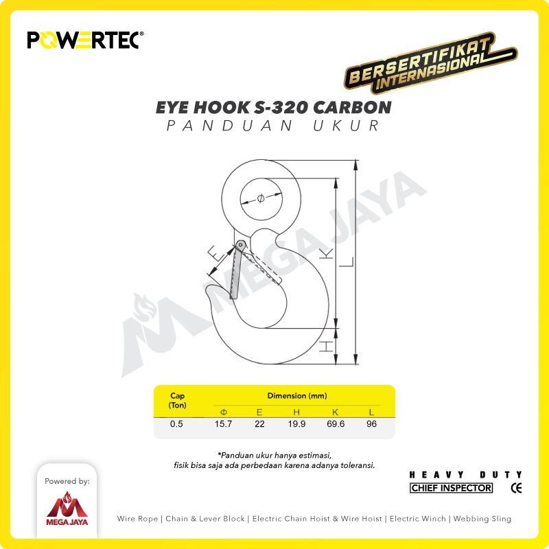 Eye Hoist Hook with Latch Carbon 0.5 Ton POWERTEC