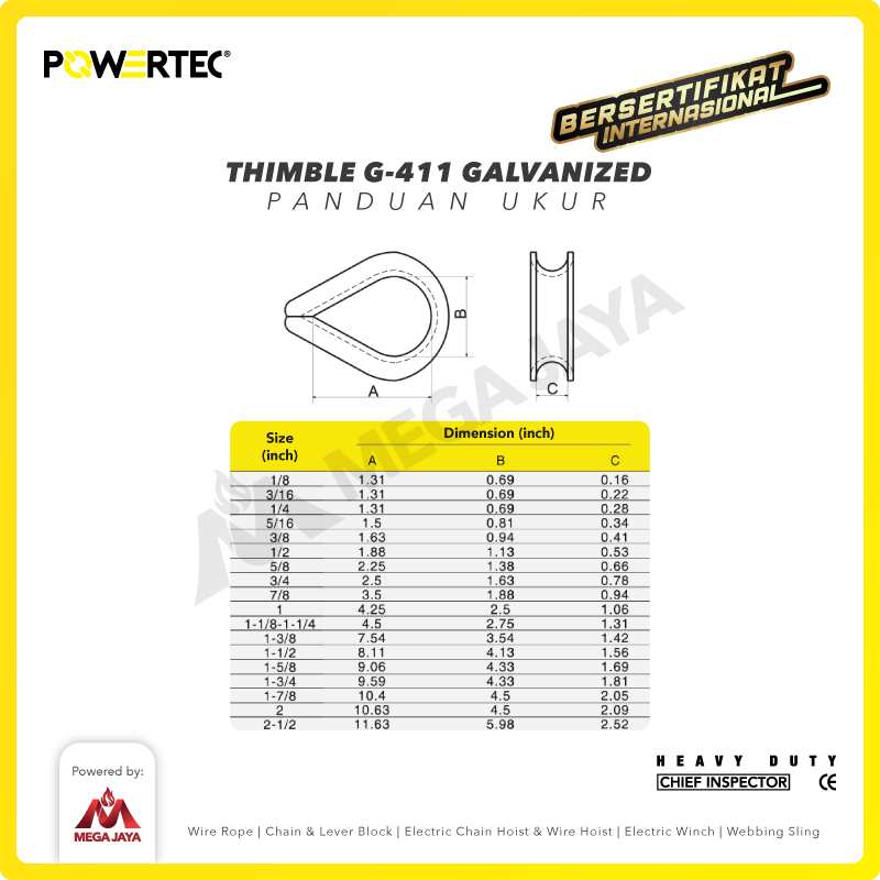 Thimble Wire Rope Kausen Sling G-411 10mm - 3/8" Galvanized POWERTEC