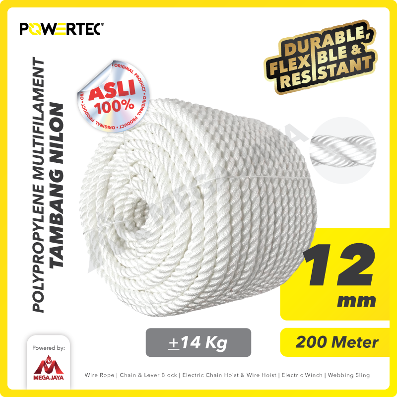 Tambang Nylon / Nilon 12mm x 200m Polypropylene PP Multi Rope POWERTEC