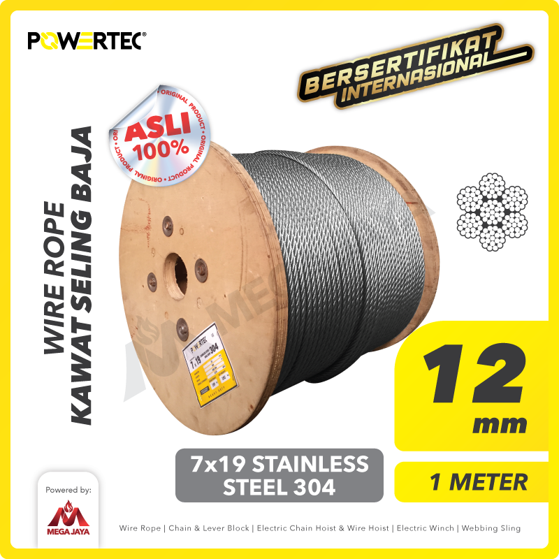 Wire Rope / Kawat Seling Baja 7x19 SS 304 12mm POWERTEC  - 1 Meter