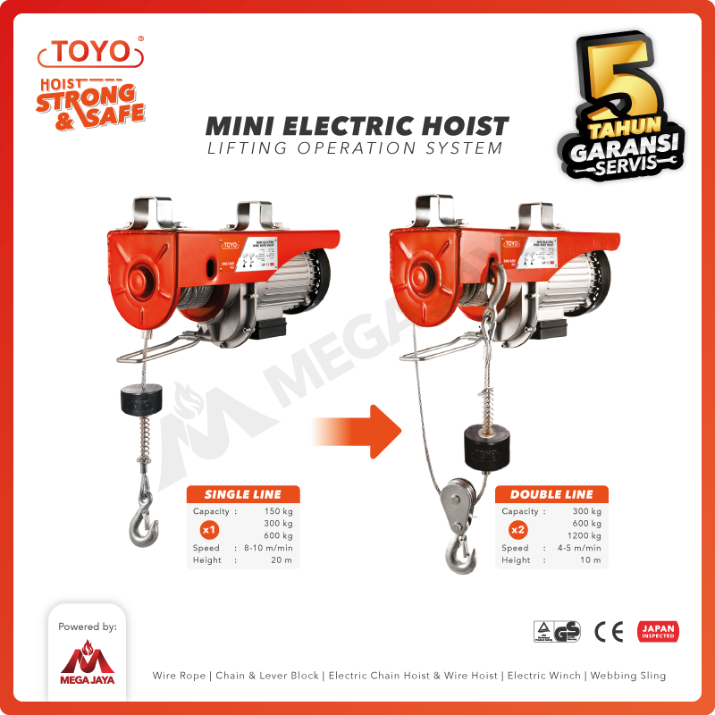 Mini Electric Hoist / Katrol Listrik 150/300 Kg x 20 Meter TOYO