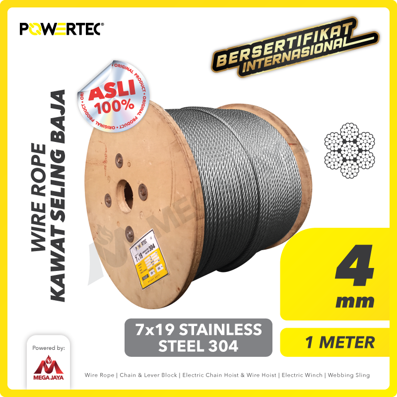 Wire Rope / Kawat Seling Baja 7x19 SS 304 4mm POWERTEC  - 1 Meter