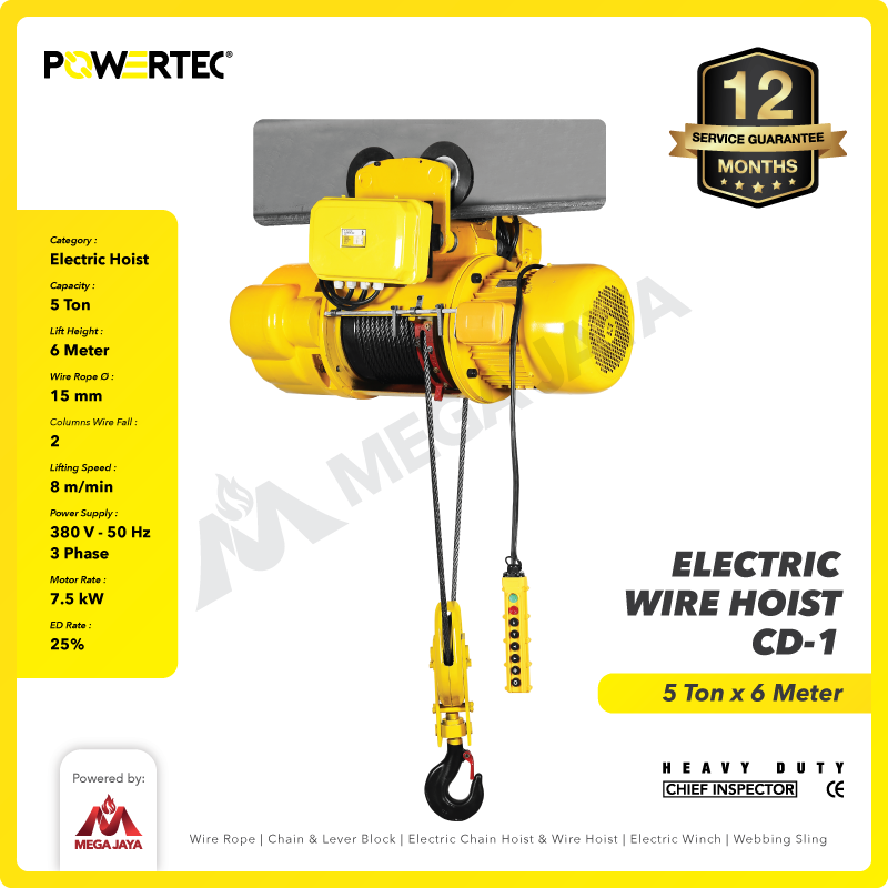 Electric Wire Rope Hoist 5 Ton  x 6 Meter 3 Phase CD-1 POWERTEC
