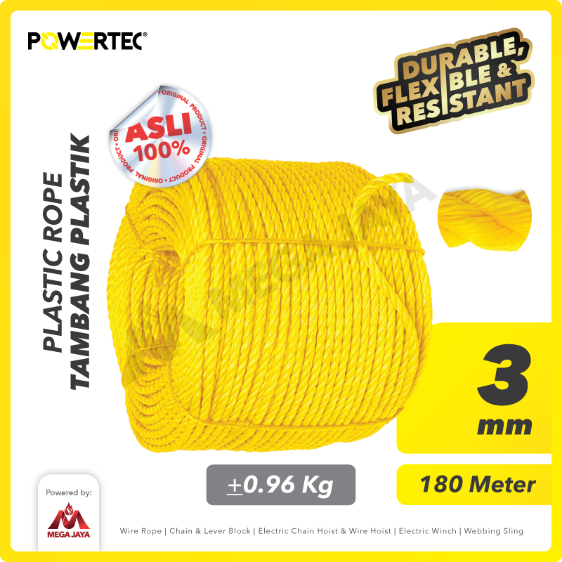 Tali Tambang Plastik 3mm x 180m Plastic Rope POWERTEC - Kuning