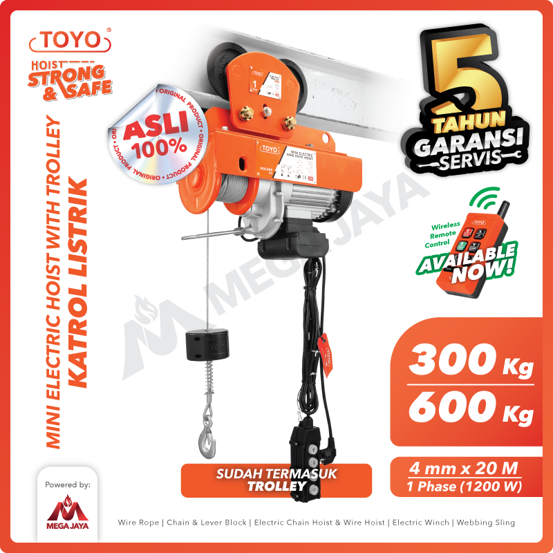 Mini Electric Hoist Trolley set / Katrol Listrik 300/600Kg x 20M TOYO