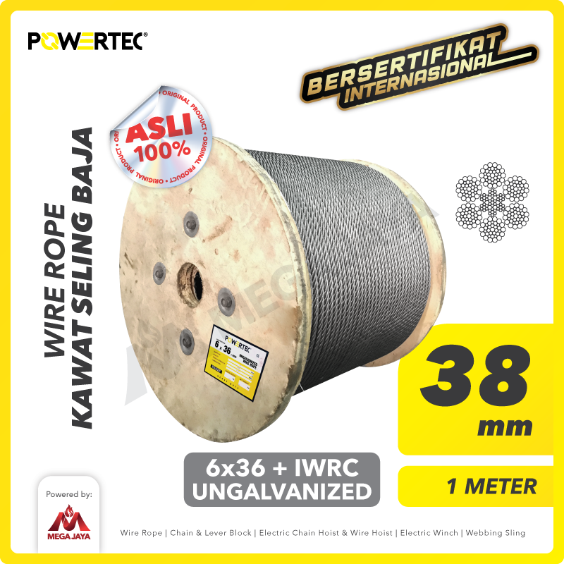 Wire Rope / Kawat Seling Baja 6x36 IWRC 38mm Ungalv POWERTEC - 1 Meter