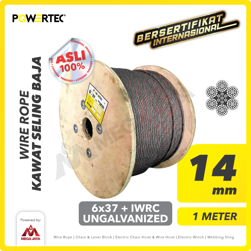 Wire Rope / Kawat Seling Baja 6x37 IWRC 14mm Ungalv POWERTEC - 1 Meter