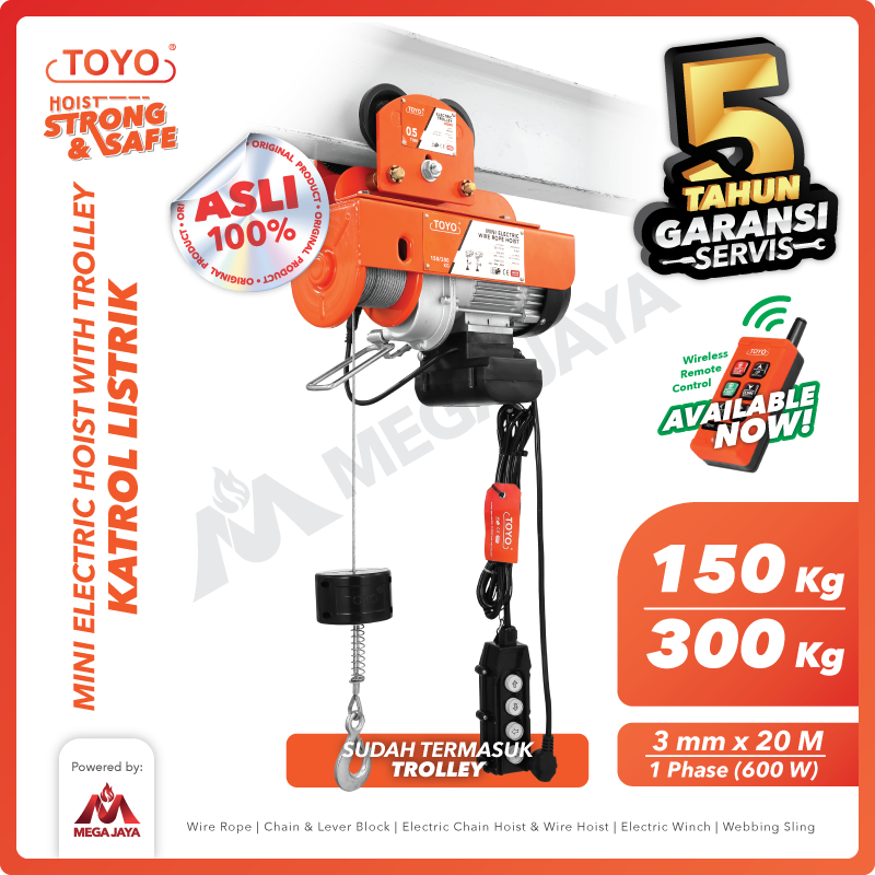 Mini Electric Hoist Trolley set / Katrol Listrik 150/300Kg x 20M TOYO