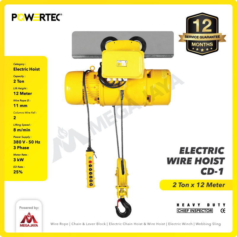 Electric Wire Rope Hoist 2 Ton  x 12 Meter 3 Phase CD-1 POWERTEC