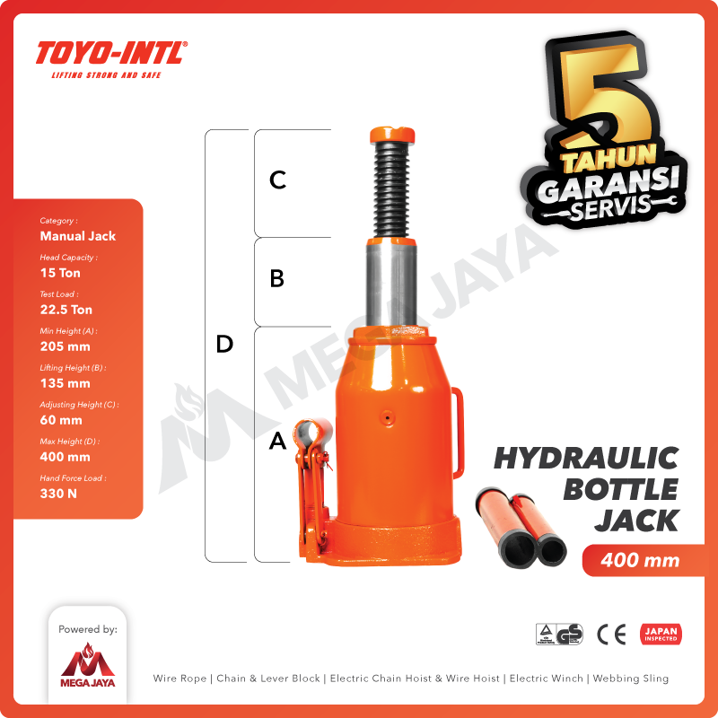 Hydraulic Bottle Jack / Dongkrak Botol 15 Ton TOYO