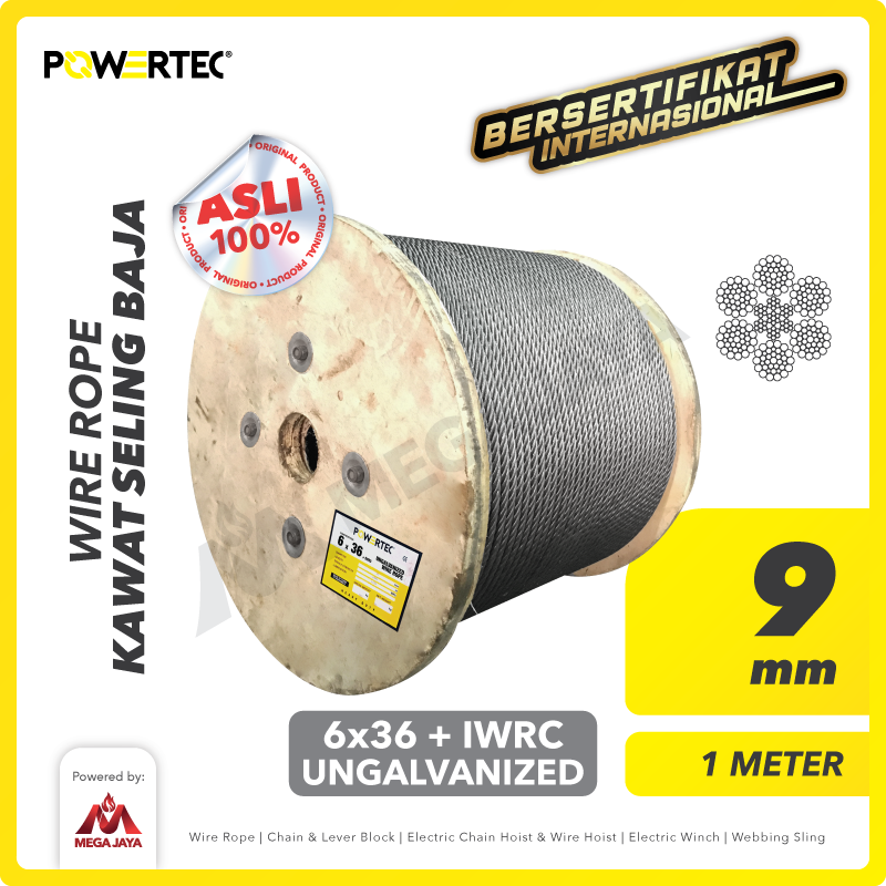 Wire Rope / Kawat Seling Baja 6x36 IWRC 9mm Ungalv POWERTEC - 1 Meter