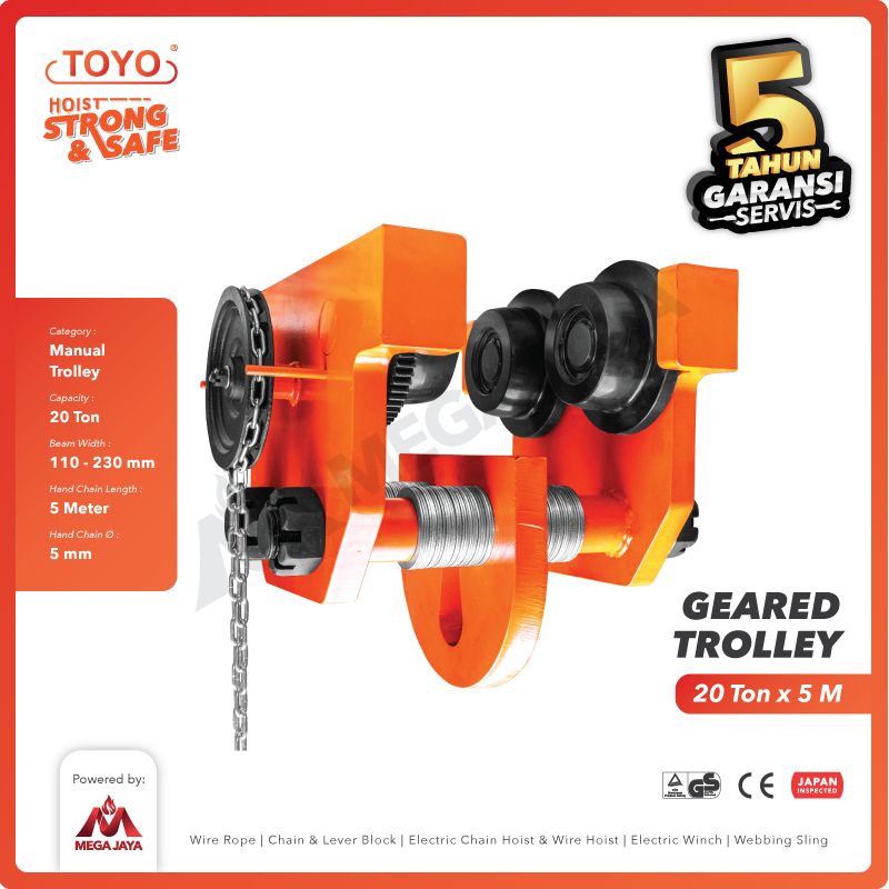 Geared Trolley / Gear Troli Hoist 20 Ton x 5 Meter TOYO